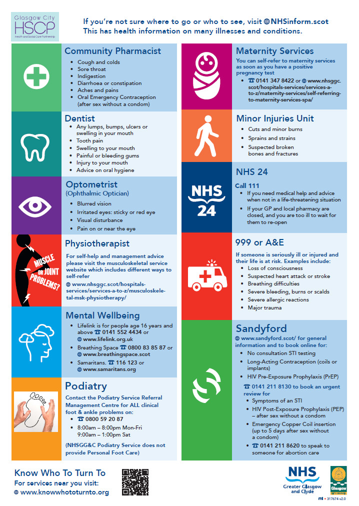 If you're not sure where to go or who to see visit NHSinform.scot. This has health information on many illnesses and conditions. 